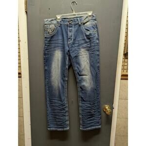 True Luck Men's 34x30 Bootcut Distressed Medium Wash Blue Jeans Y2K Grunge